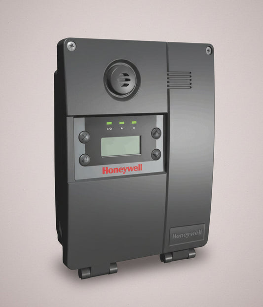 Honeywell control panel with digital display and various buttons on a gray background