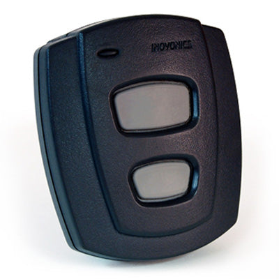 Black Inovonics remote control on a white background