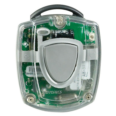Transmitter with clear casing and visible branding on a white background