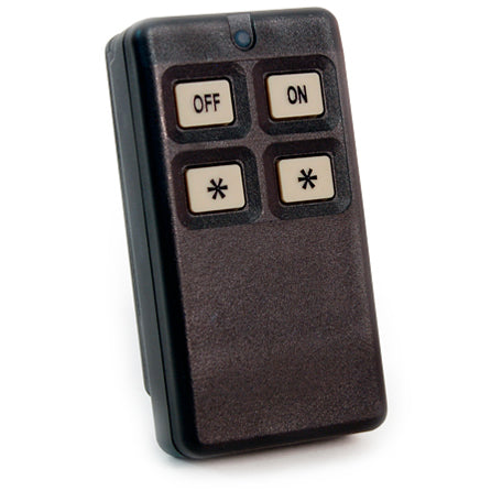 Black remote control with 'OFF' and 'ON' buttons on a white background