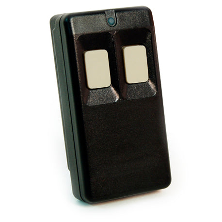 Black remote control with two beige buttons on a white background