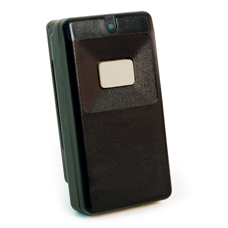 Black electronic device with a rectangular button on a white background