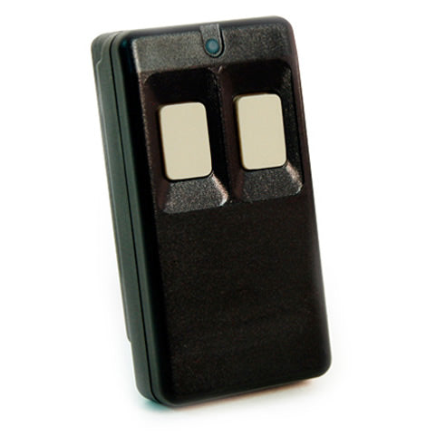 Black remote control with two buttons on a white background
