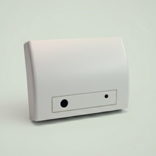Rectangular electronic device with two small holes on a white background