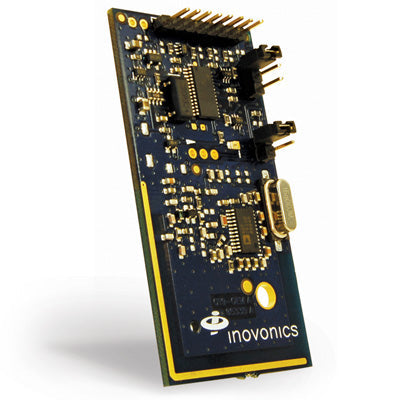 Electronic circuit board with 'inovonics' branding on a white background