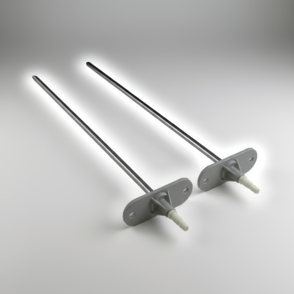 Two metal rods with attached brackets on a white background