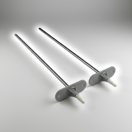 Two metal rods with attached brackets on a white background
