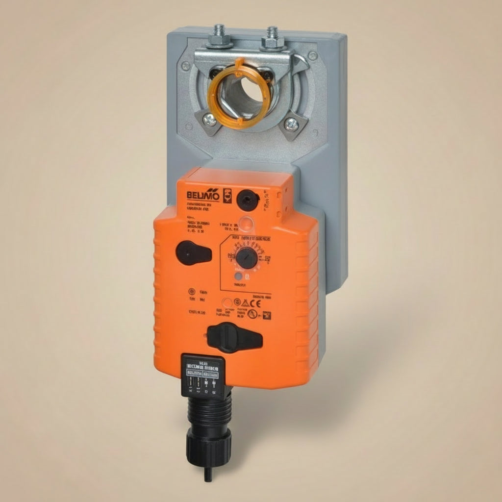 Industrial control panel with orange and gray design on a tan background