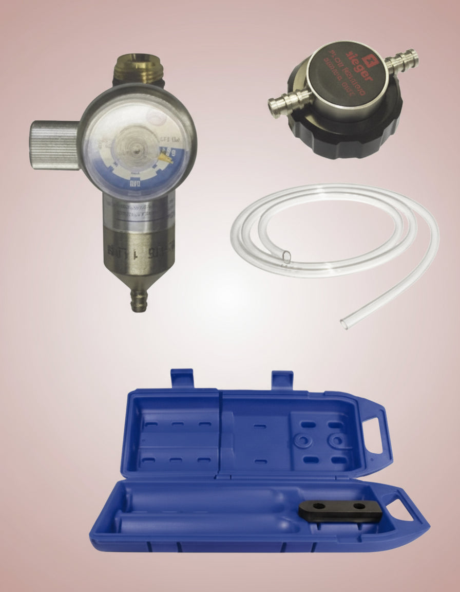 Gas regulator with hose and blue carrying case on a white background