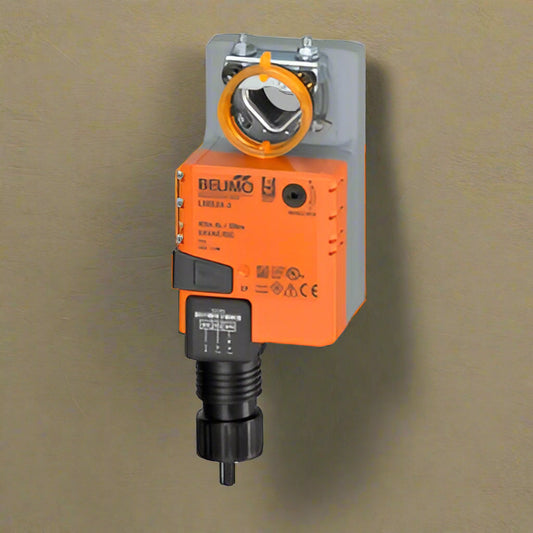 electric damper actuator, orange plastic mechanical box with threaded connector on brown background