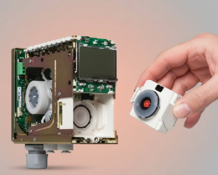 Hand holding a small electronic sensor next to a larger electronic component on a white background