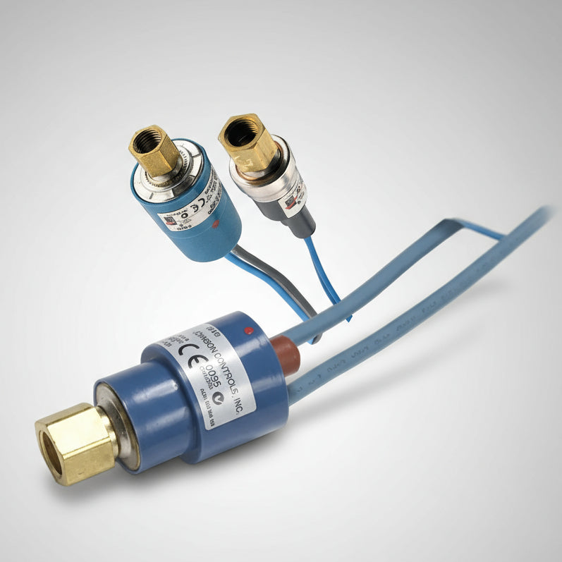 2-ended cylindrical sensor components with brass connectors and blue cables on a white background