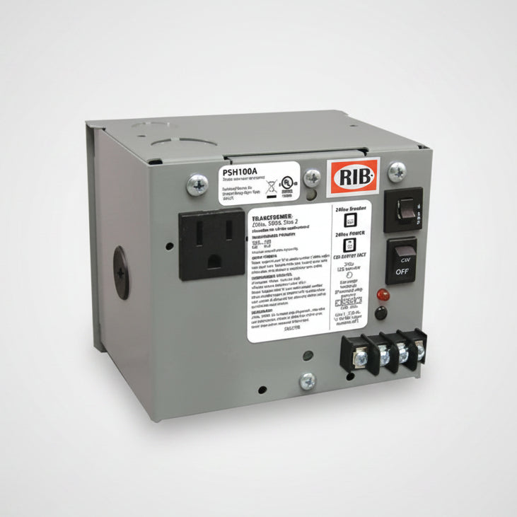 RIB electrical transformer with multiple labels and connectors on a white background