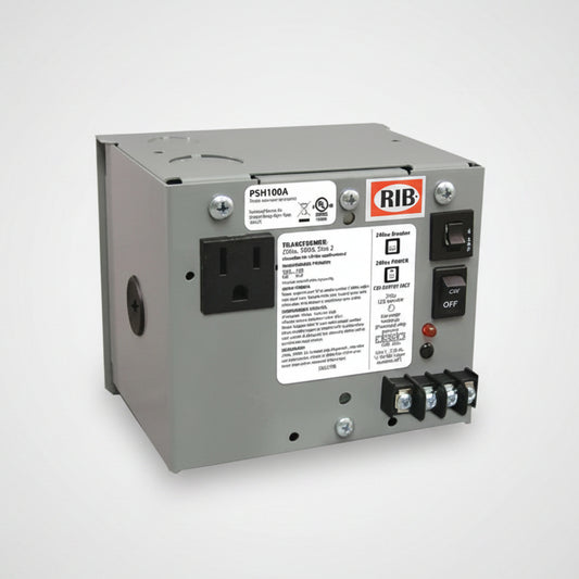 RIB electrical transformer with multiple labels and connectors on a white background