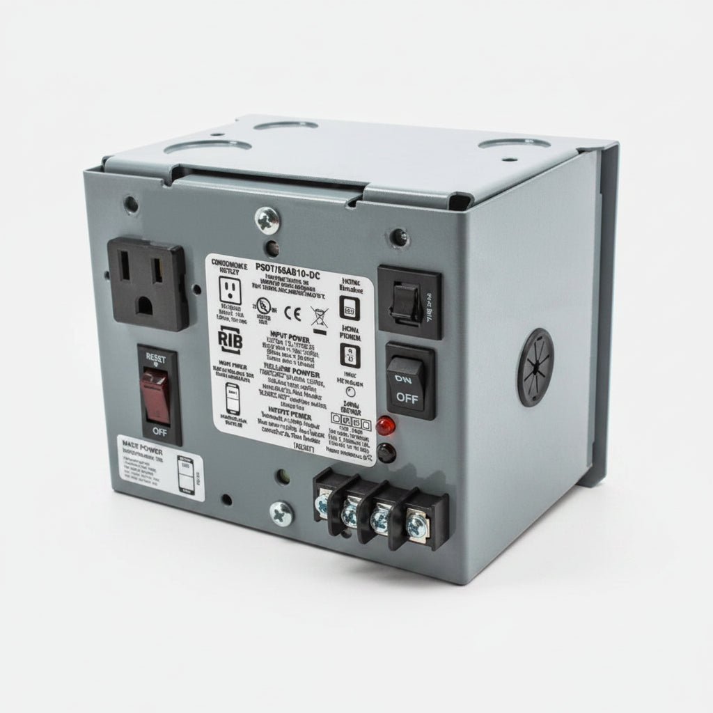 Electrical power converter with multiple outlets and switches on a white background
