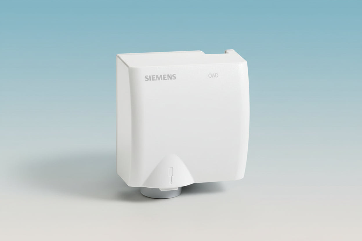White Siemens temperature sensor on a light blue gradient background
