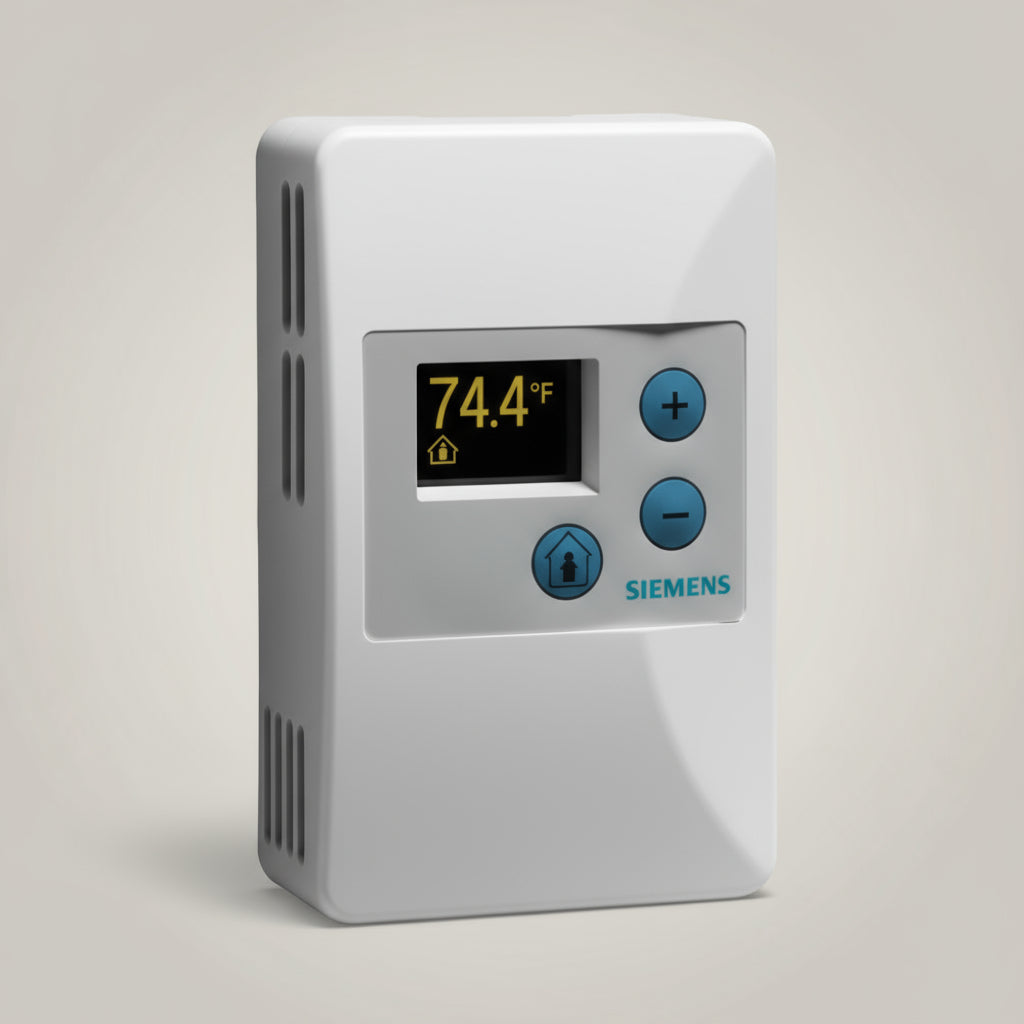 Siemens thermostat with digital display on a white background