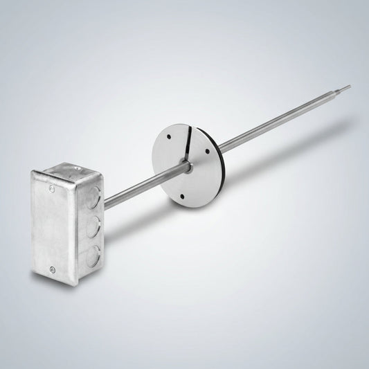 Silver probe and junction box on a white background