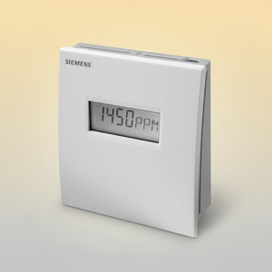 Siemens air quality monitor with digital display on a white background