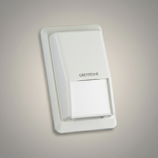 White wall sensor with 'Greystone' branding on a gradient background