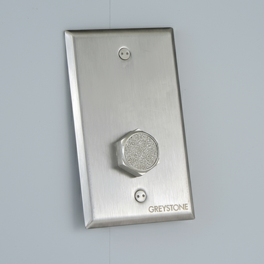Metallic wallplate cover with 'Greystone' branding on a light gray background