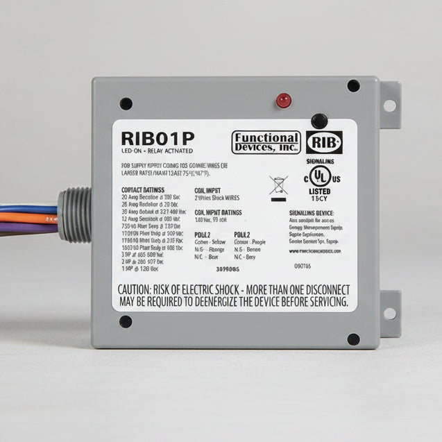 Electrical component with 'RIB01P' label and wiring on a white background
