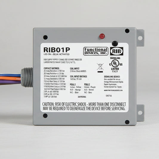 Electrical component with 'RIB01P' label and wiring on a white background