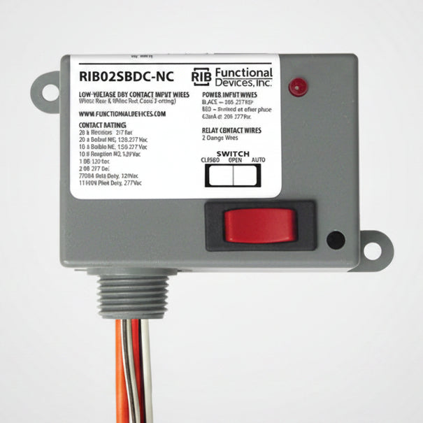 Electrical relay device with red switch on a white background