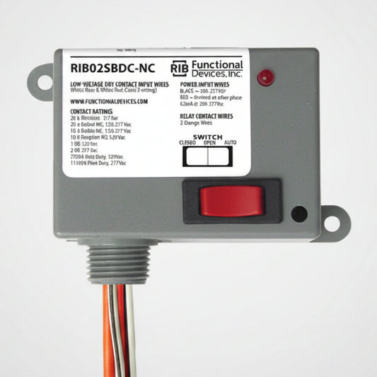Electrical relay device with red switch on a white background