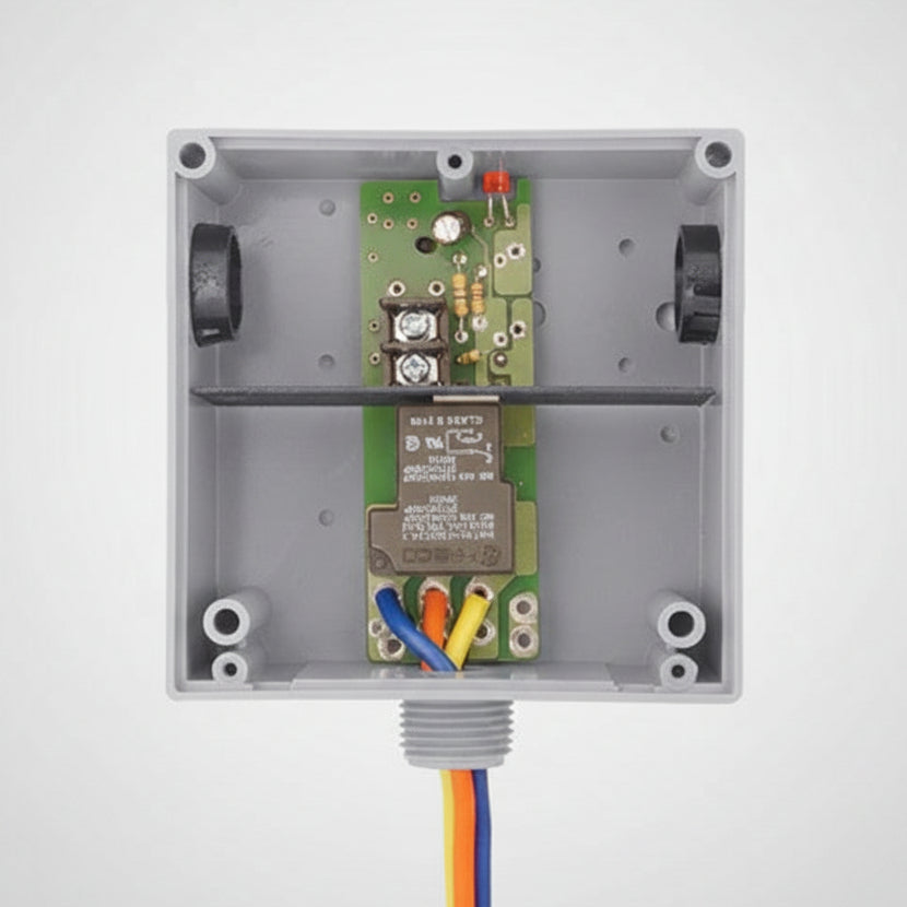 Electronic control box with a circuit board and wires on a white background