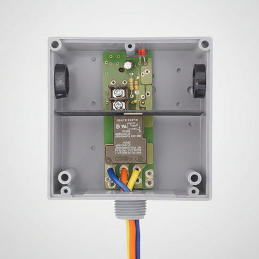 Electronic control box with a circuit board and wires on a white background