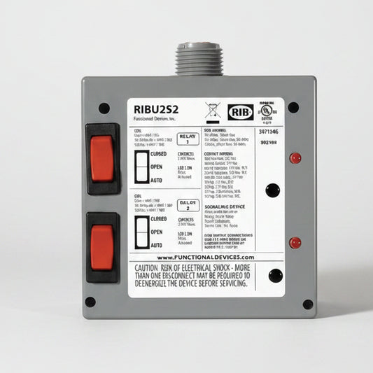 enclosed relay with wiring and labels on a white background