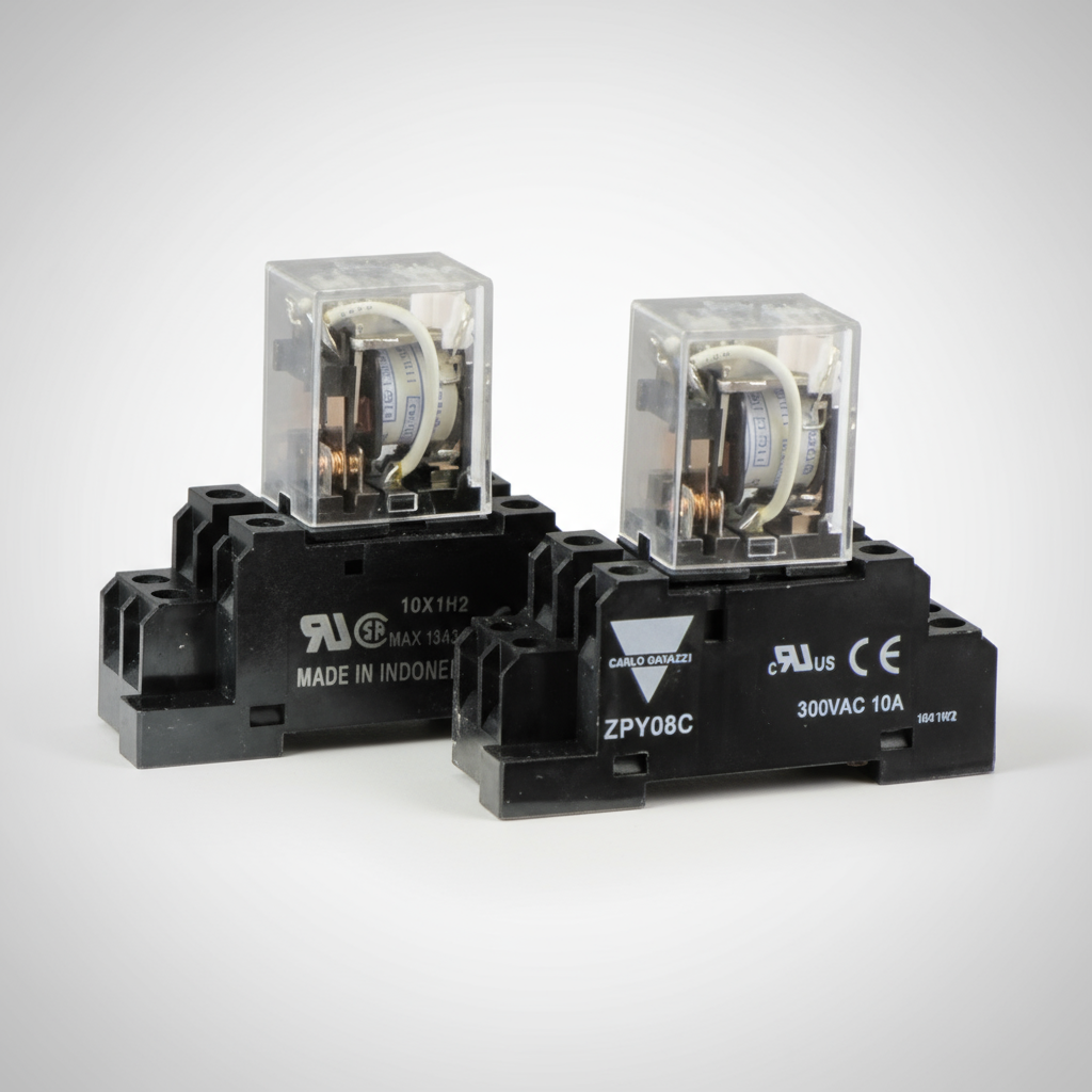 Two electrical relays on a white background