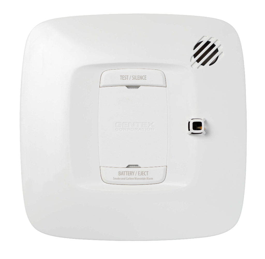 White smoke detector with visible Gentex branding on a white background