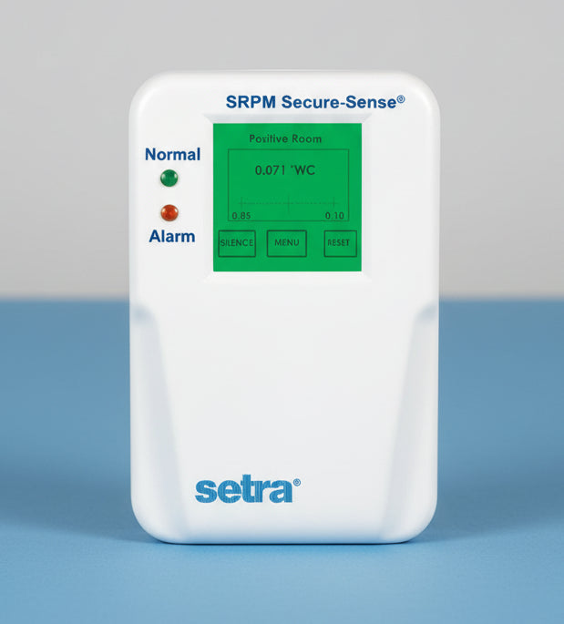 SRPM Secure-Sense device with digital display on a white background