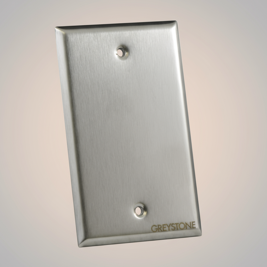Metallic wall plate with 'Greystone' branding on a white background