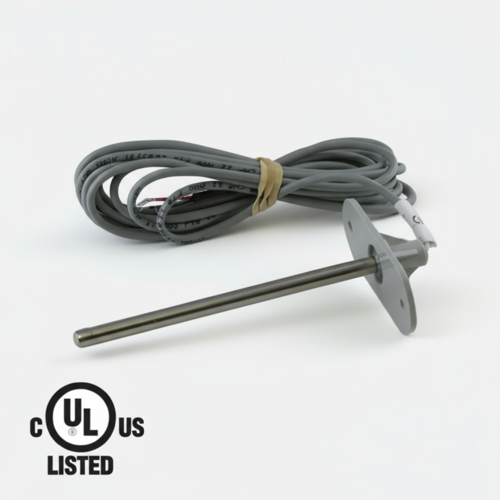 Thermocouple with cable on a white background, UL Listed logo visible