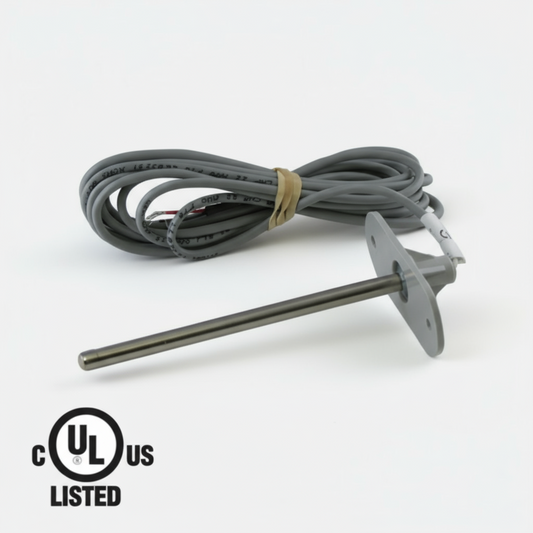 Thermocouple with cable on a white background, UL Listed logo visible
