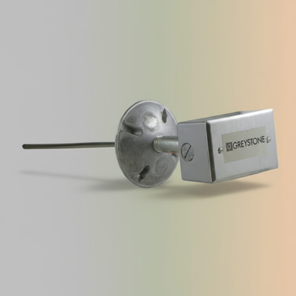 Metallic sensor or probe with 'GREYSTONE' branding on a gradient background