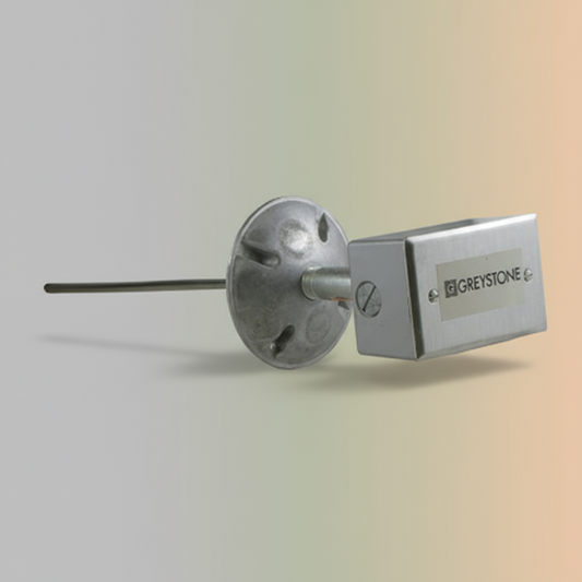 Metallic sensor or probe with 'GREYSTONE' branding on a gradient background