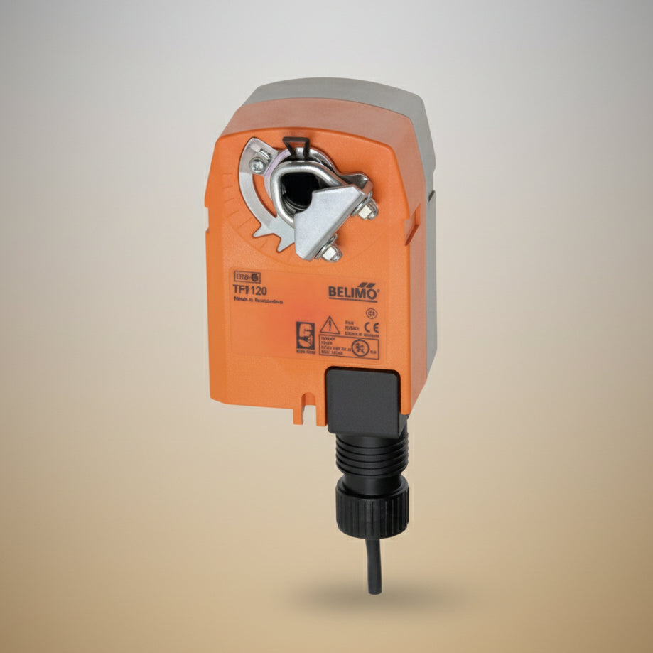 Orange and gray electronic actuator with brand logo on a tan background
