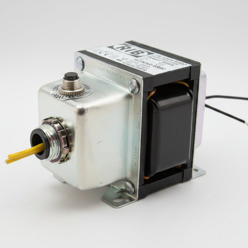 Metallic device with a yellow wire on a white background