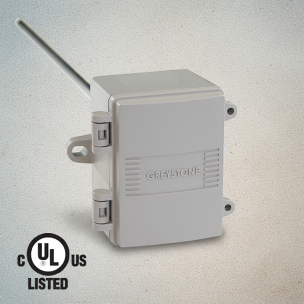 Gray outdoor electrical junction box with 'Greystone' branding and UL listing logo on a light gray background.