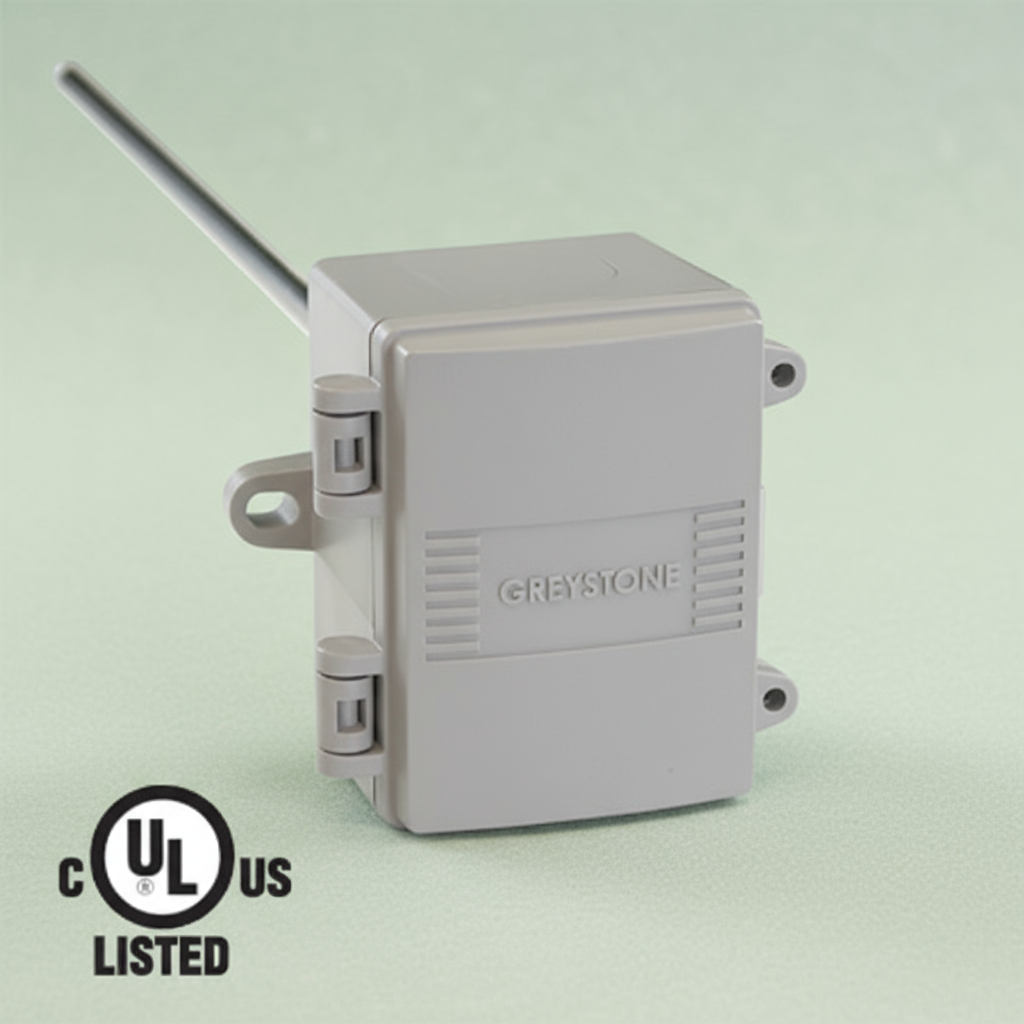 Gray electrical junction box with  probe and UL listing on a light green  background