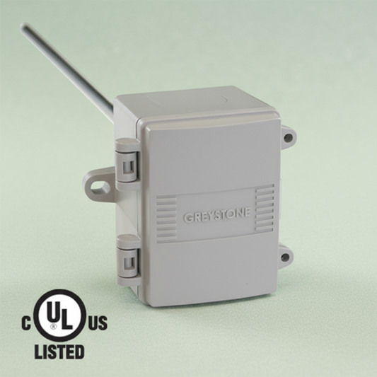 Gray electrical junction box with  probe and UL listing on a light green  background