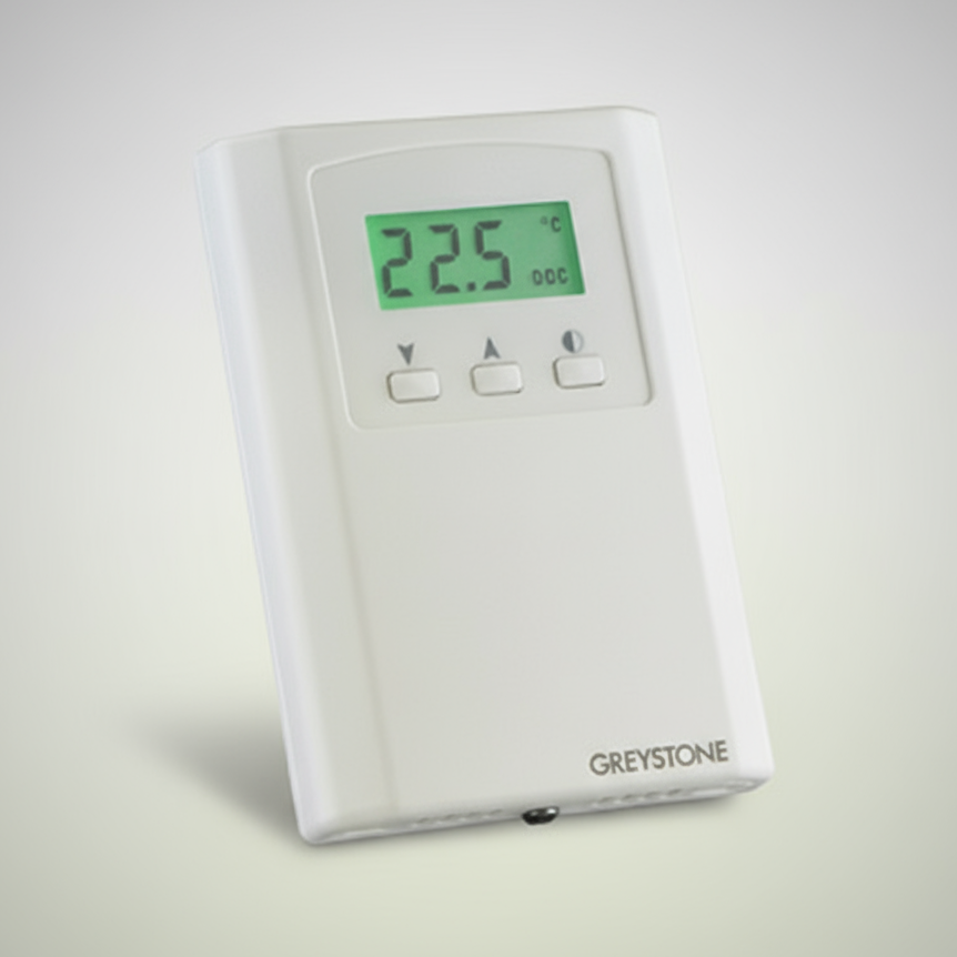 Digital thermostat with Greystone branding on a white background