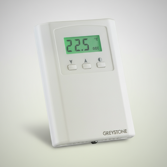 Digital thermostat with Greystone branding on a white background