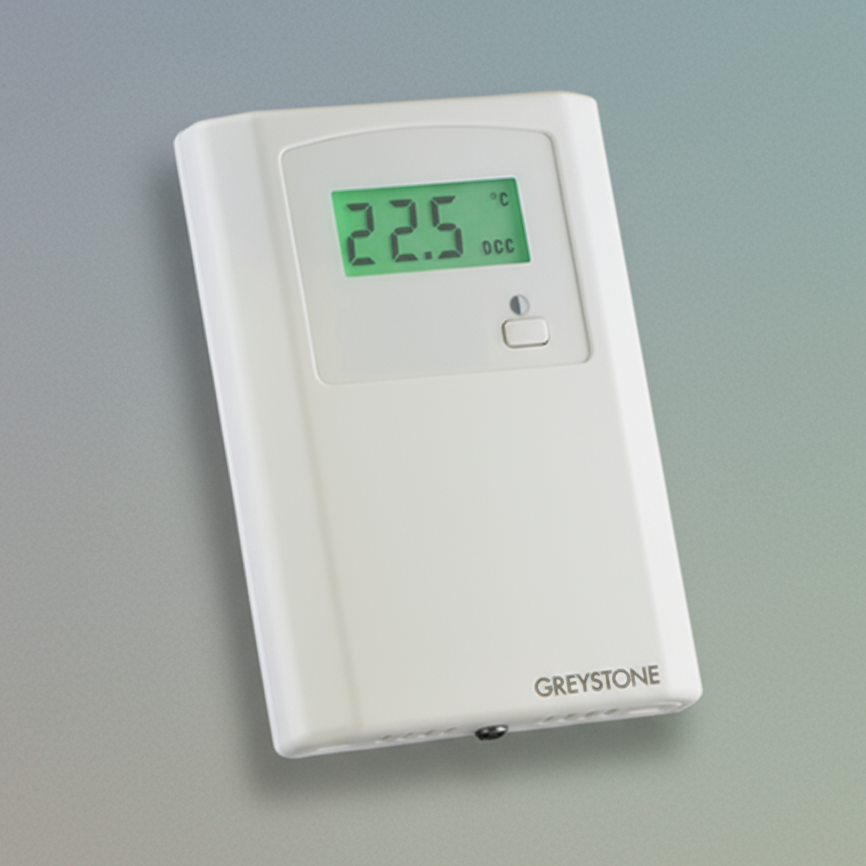 Digital thermometer with a white casing and green display on a white background