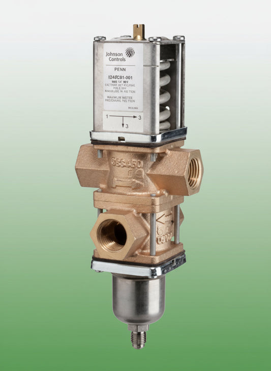 Brass valve with Johnson Controls logo on a white background