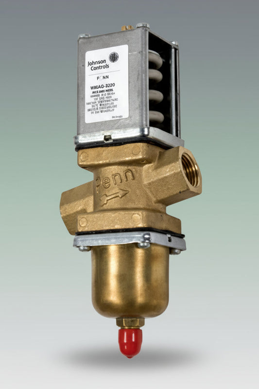 Brass valve with a Johnson Controls label on a white background